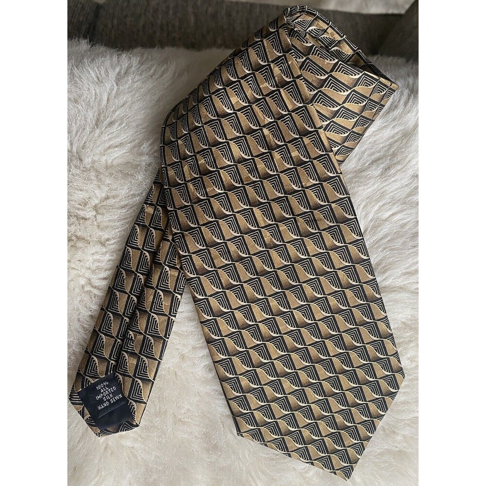 Facets 100% Silk Tie Mens Necktie Black Golden Brown Geometric Handmade